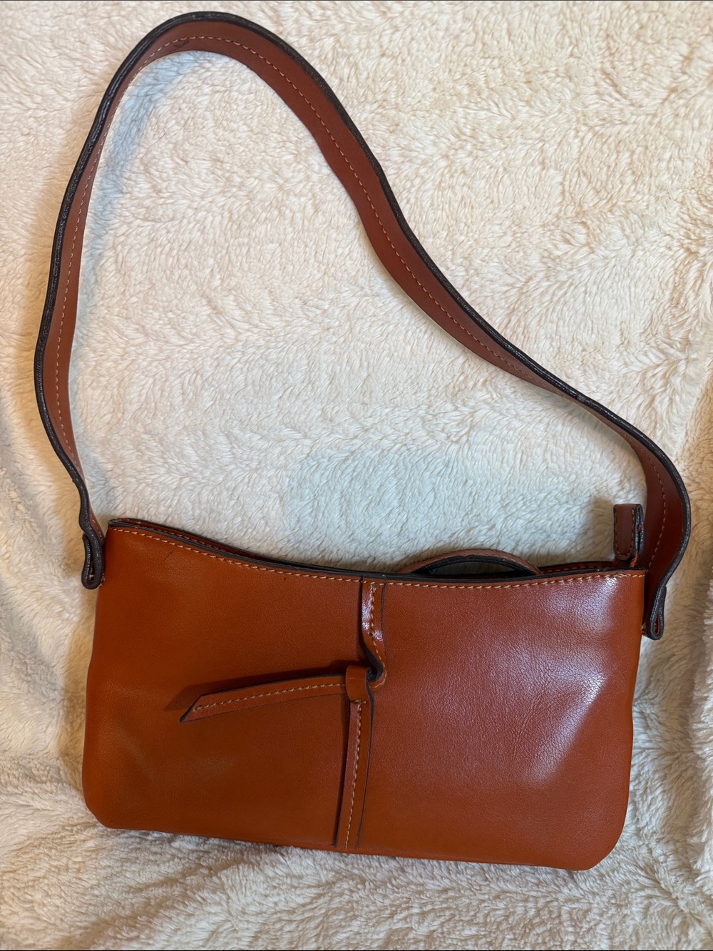 Emilie M. Cognac Brown Faux Leather Baguette‎ Shoulder Bag Knotted Detail
